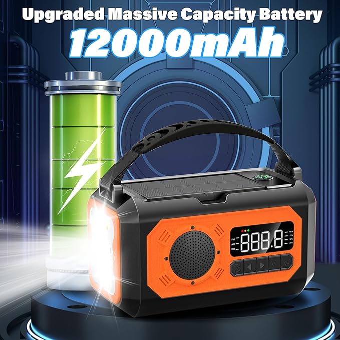 44400mWh/12000mAh Emergency Weather Radio, Hand Crank Radio Solar Radio Portable AM/FM/NOAA Radio with 2 Solar Panels 3 Charging Methods SOS Alarm 3 Mode Flashlight Phone Charger Compass Reading Lamp