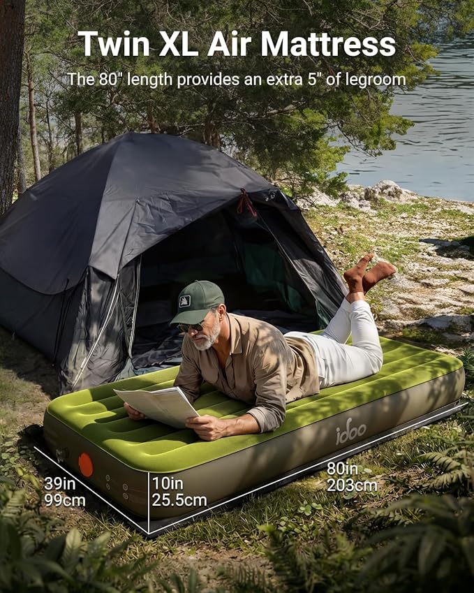 iDOO Twin XL Air Mattress with Rechargeable Cordless Pump, 80'' Extra Long Inflatable Blow up Mattress in Fast Inflation, No Outlet Needed for Outdoor, Camping, Guests, LED Light, USB Charging