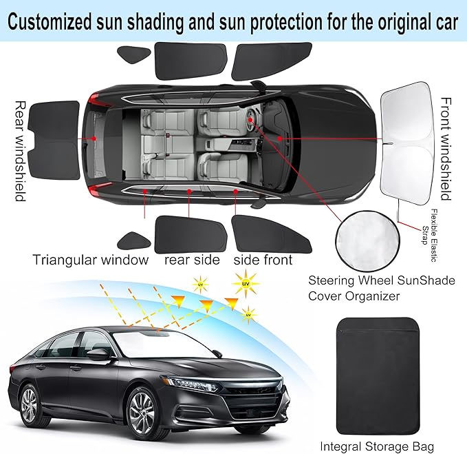 8PCS Windshield Sun Shade Custom Fit for 2018-2022 Honda Accord Sedan Accessories Foldable Sunshade Side Rear Window Shade Cover Full Set Privacy Protection Keeps Car Cool