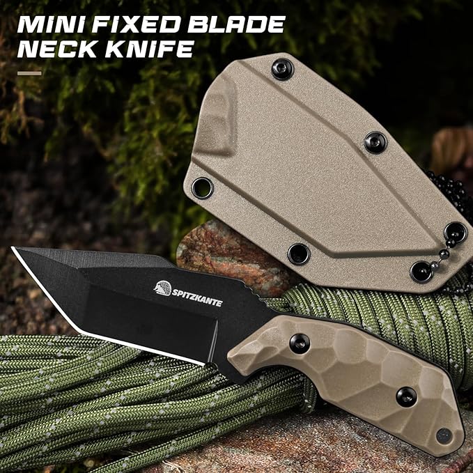 Neck Knife with Sheath and Necklace X-TAN-K, Horizontal Carry Knife with Full Tang Tanto 5Cr14MoV Steel Blade, Khaki ABS Handle, EDC, Outdoor, Camping & Hiking
