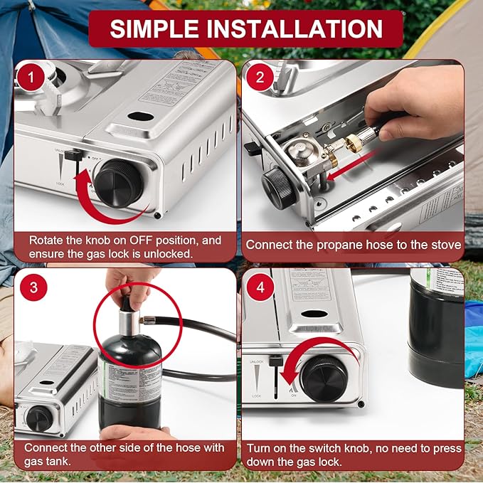 Dual Fuel Camp Stove with Butane and Propane Compatibility, 10500 BTU Portable Camping Stove with Carrying Case, Storage Bag, Adapter Hose, Wind Guard, Outdoor Camping Essentials