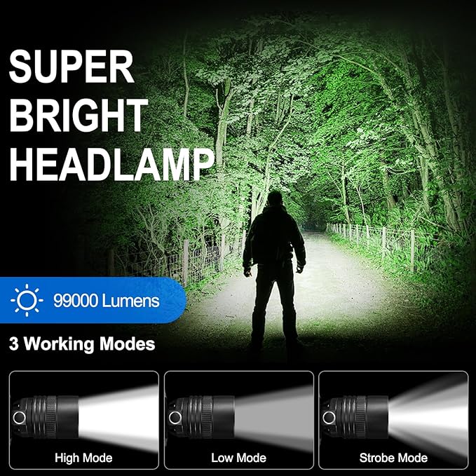 SKNSL Rechargeable Headlamp, 99000 Lumens Super Bright LED Head Lamp with 3 Modes, 90° Adjustable Head Lights for Forehead, 45H Long Runtime & IPX6 Waterproof HeadLamps for Camping Hunting Hiking