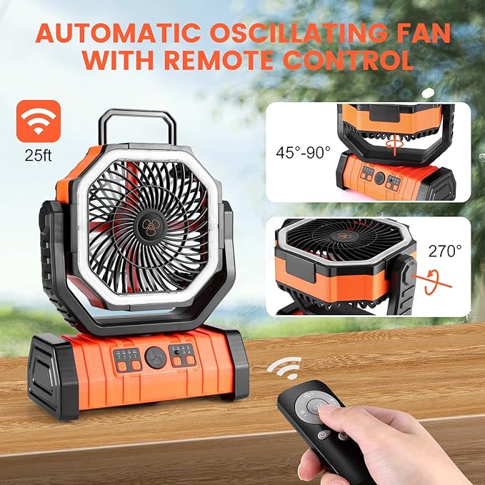 Odoland 30000mAh Oscillating Camping Fan with LED Lantern, Rechargeable Battery Operated, Portable Tent Fan with Timer, 4 Speeds for Outdoor Camp RV Jobsite Power Outage, Orange
