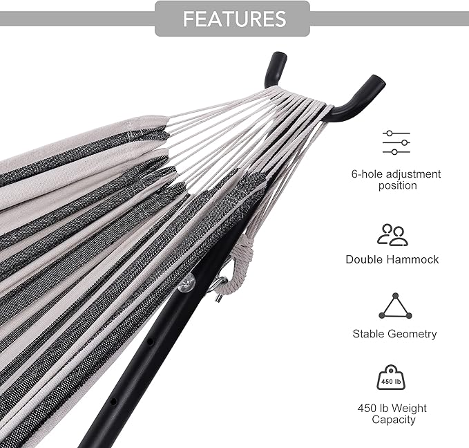 Prime Garden Hammock with Stand for Outside, Heavy Duty Space Saving Steel Stand with 450 lb Capacity,Double Hammock with Portable Carrying Bag, Hamacas para Adultos for Outdoors, Patio, Garden, Yard