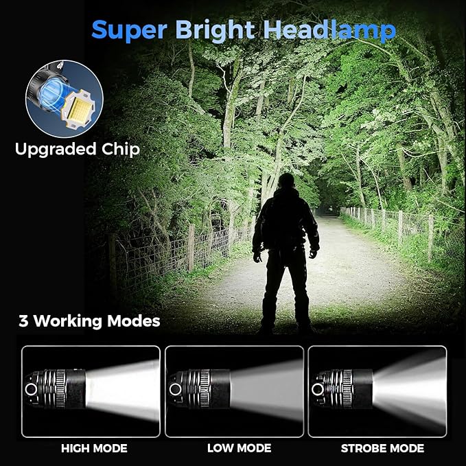 Curtsod Rechargeable LED Headlamp 2-Pack - 3500 Lumens Super Bright with Motion Sensor & 90° Rotation - Waterproof Headlight for Camping, Hiking, Running - 3 Light Modes