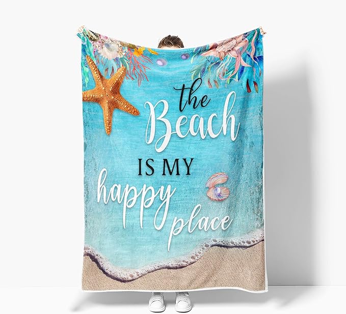 Beach Blanket, Blue Coastal Ocean Beach Throw Blanket for Couch, Bed, Summer Super Cozy Blankets Fuzzy Plush Lightweight Throw Blankets for Sofa, Bed, Living Room,50"X60"
