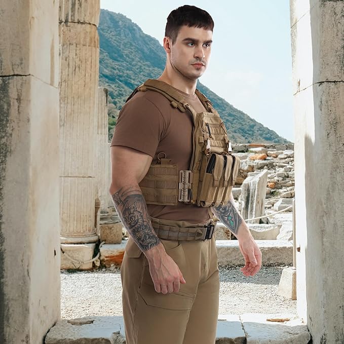 Tactical Molle Vests with Triple mag Pouch and Side Cummerbund Pouches, Quick Release Vests for Men
