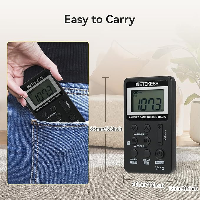Retekess V112 AM FM Pocket Radio, Digital Radio with Earphone, Rechargeable Battery with LCD Display for Walking, Jogging, Training(Black)