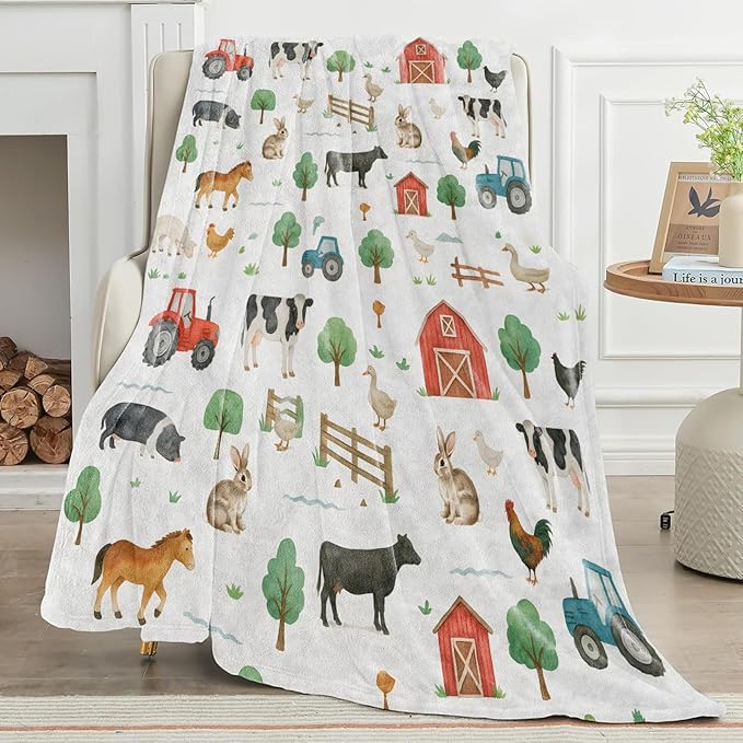 Farmhouse Blanket Cute Farm Pattern with Cow Horse Tractor and Barn Throw Blankets Lightweight Flannel Throws for Camping Couch Office Bed Country Home Decor Gifts for Adults,50x40inch