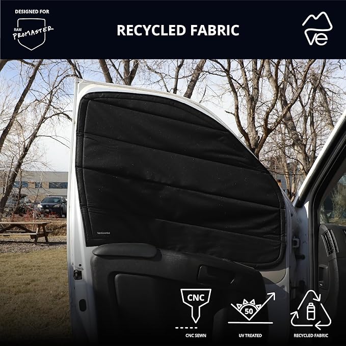 VanEssential Insulated Stealth Blackout Front Door Window Covers Designed for RAM Promaster Van Years 2014 to Current Model (Pair) - Black