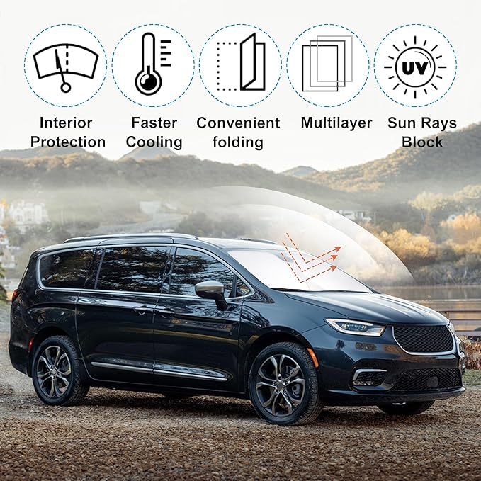Windshield Sun Shade Custom Fit 2017-2023 2024 2025 2026 Chrysler Pacifica Minivan Accessories Foldable Sunshade Sun Blocker Front Window Shades Covers Keep Car Cooler