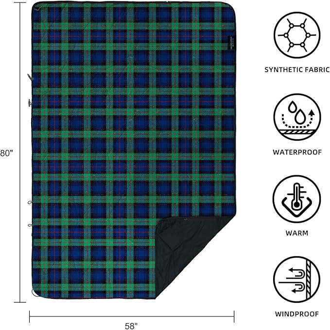 Large Outdoor Waterproof Blanket Extra Thick Fleece Stadium Blanket for Camping, Car, Pet, Picnics - Windproof, Wearable, Machine Washable 80" x 58" (Green Check)