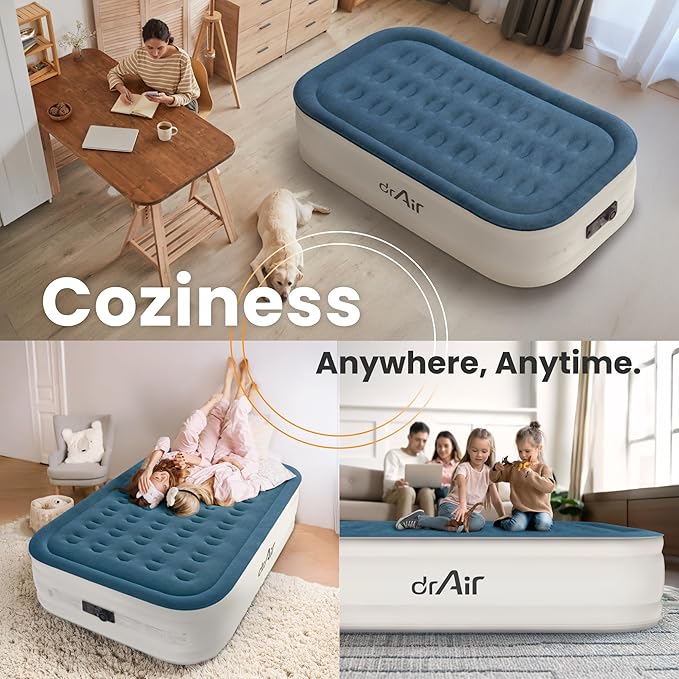 Dr. air Twin Air Mattress with Built-in Pump, 18" Raised Blow Up Mattress, 500 lbs Max Honeycomb Air Bed, 48Hr Leak-Proof Test, 3min Inflatable Mattress for Home, Guests, Camping, Colchones inflables