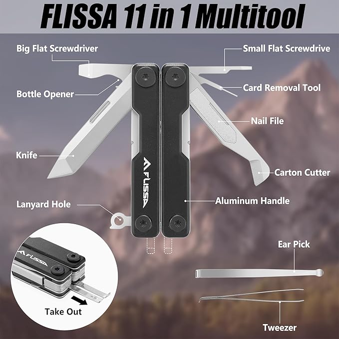 FLISSA 11-in-1 Multitool Scissors with Knife, Foldable Mini Multitool, Stainless Steel Scissors with Aluminum Handles, Spring - EDC for Camping, Hiking, Fishing, Emergency, Black