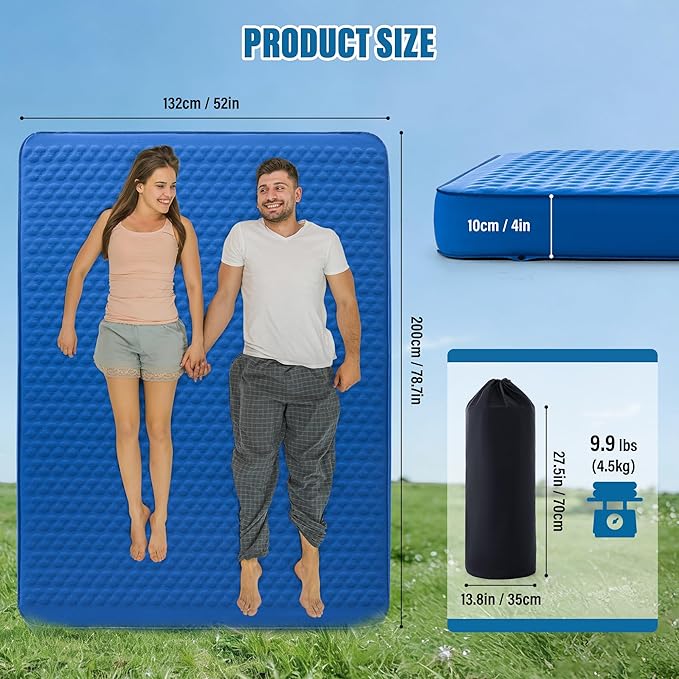 Self Inflating Double Sleeping Pad for Camping with Electric Pump 4 Inch Ultra Thick Memory Foam 2 Person Inflatable Sleeping Pad All Season Full Size Portable Camping Mattress for Travel, Tent (Blue)
