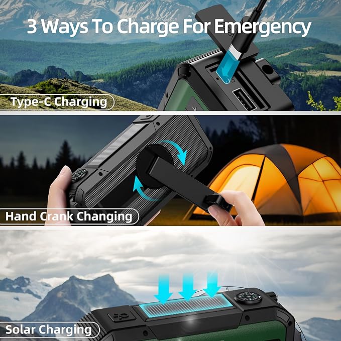 Emergency Radio Waterproof Bluetooth Speaker,Portable Digital AM FM Radio with 2000mAH Cell Phone Charger,Flashlight,Hand Crank NOAA Weather Radio with Solar Panel,Emergency Survival Kit (Green)