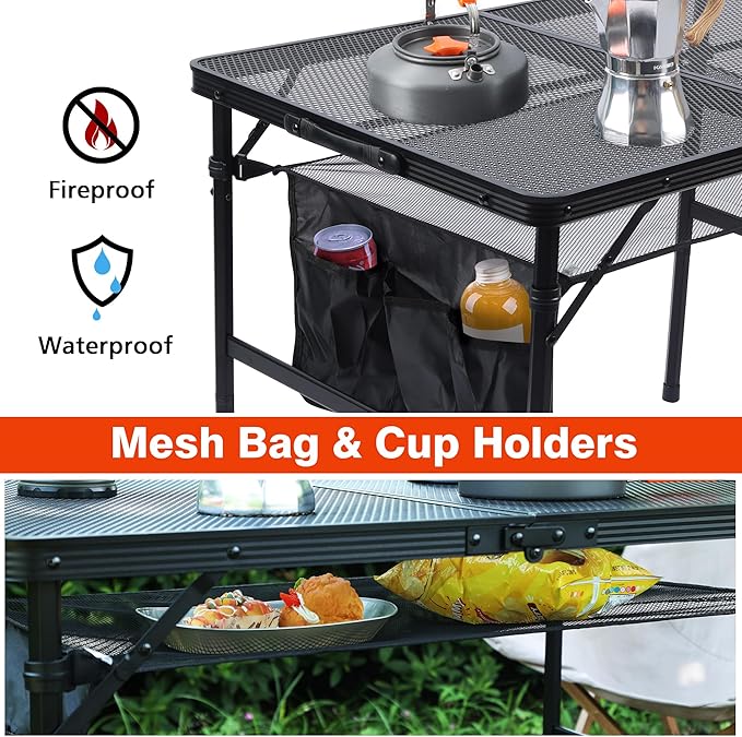 JOUYEK Folding Grill Table, 3x2 FT Portable Camping Table, Height Adjustable Metal Tables with Mesh Desktop and Mesh Bag, Outdoor Furniture for Camping, Picnic, Beach and BBQ, Black
