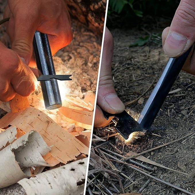 BCHARYA Fire Starter Survival Tool, Ferro Rod Kit with Leather Neck Lanyard and Multi-Tool Striker, Flint and Steel Survival Igniter with Tinder Rope and Tab for Camping, Hiking and Emergency