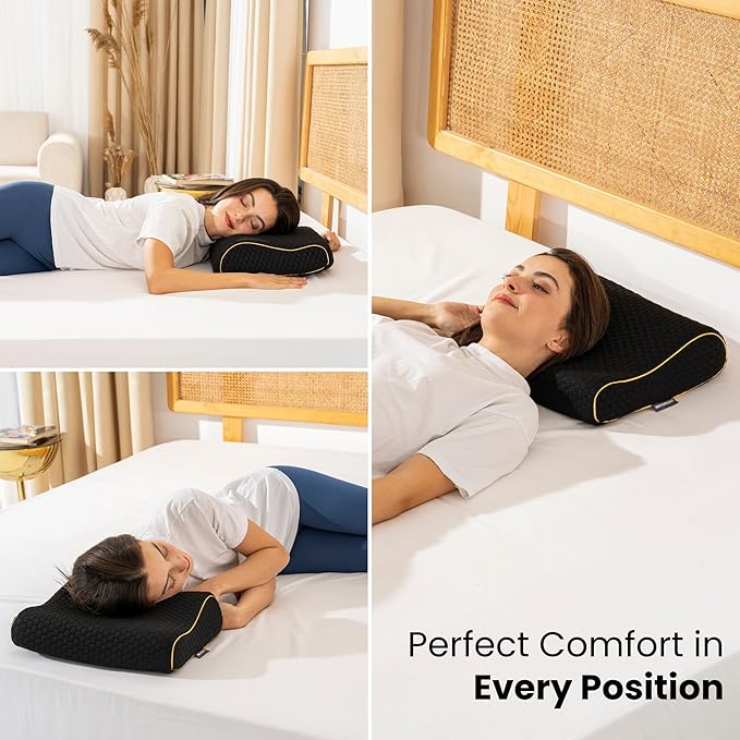 Memory Foam Travel Pillow with Washable Cover & Carry Bag – Compact, Soft & Breathable Neck Pillow for Airplane, Camping & Car (Black- with Extra Gray Cotton Cover, 13.8x11.8x3.9/3.1 inches)