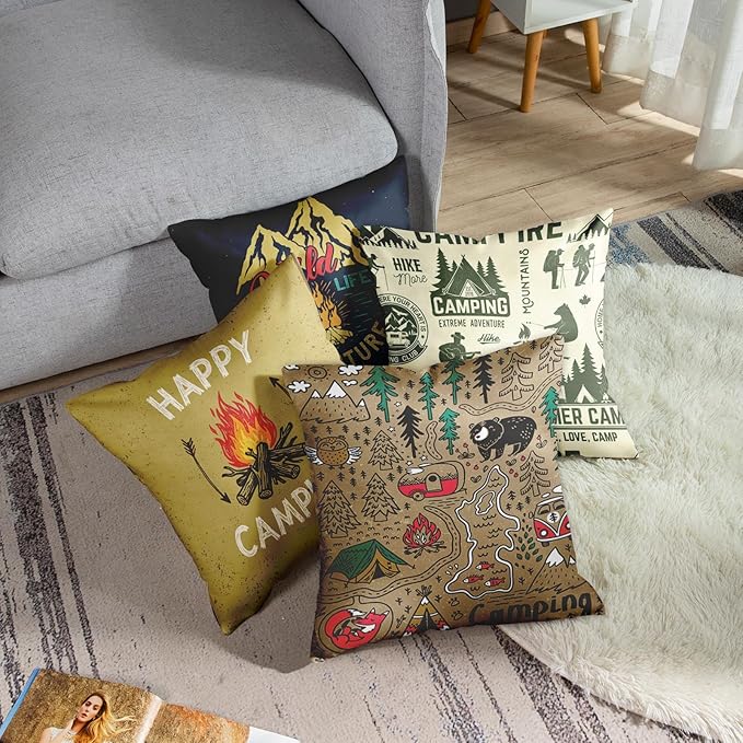 Emvency Set of 4 Throw Pillow Covers Camp with Mountain Campfire and Forest Camping Adventure Vintage Decorative Pillow Cases Home Decor Square 18x18 Inches Pillowcases