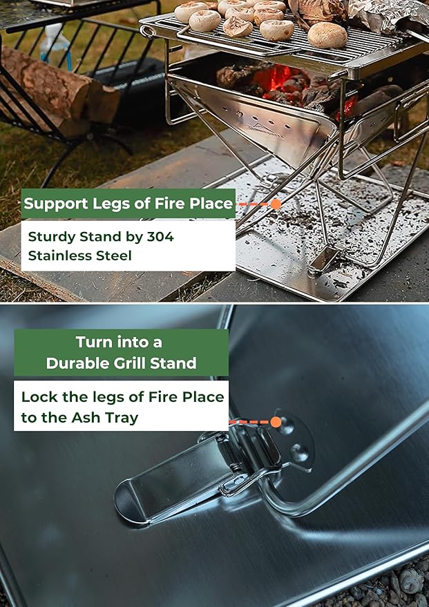 CAMPINGMOON 3 in 1 Portable Fire Pit 12 inch Foldable Stainless Steel Wood Burning Camping Stove BBQ Grill for 3 People Adjustable Height Outdoor Cooking Campfire Carry Bag included MT-035