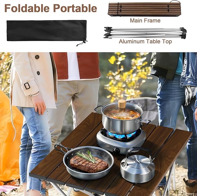 Tesouro Folding Camping Square Table with Carry Bag, Lightweight Aluminum Square Table for Outdoor, Camping, Picnic, Backyards, BBQ (Wood Color-S)