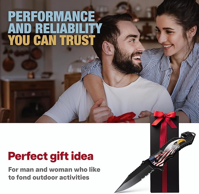 GOOD WORKER Legal Pocket Knife with 2.95” Serrated Blade, Glass Breaker, Seat Belt Cutter - EDC Sharp Folding Knives with Portable Clip - Small Tool for Tactical Camping Survival Hiking - Gifts for Men, Women