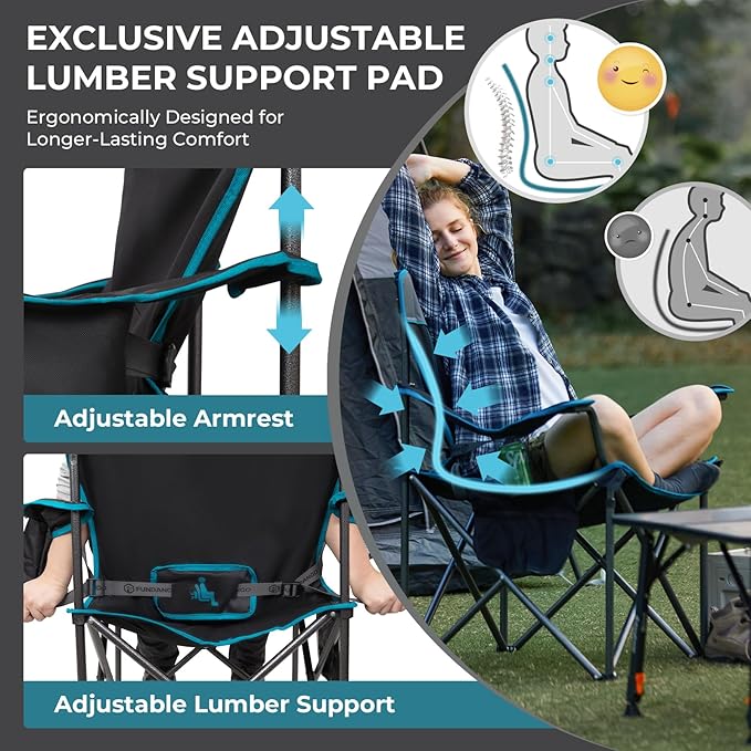 FUNDANGO Oversized Camp Chair, 2 Pack,550lbs Heavy Duty Portable Foldable Lawn Chair with Padded Lumbar Support Seat & Back, 4-can Cooler & Cup Holder, Carry Bag Included for Outdoor (Black/Grey)