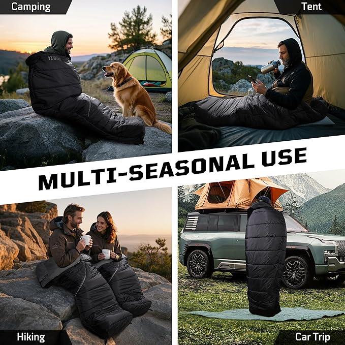 Mummy Sleeping Bag for Adults, 25℉-36℉ Cold Weather Backpacking Sleeping Bag, Lightweight 3-4 Season Winter Camp Bag with Adjustable Hood & Compression Sack, Machine Washable