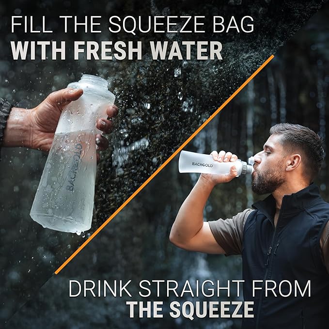 Water Filter Camping – Bachgold Squeeze Foldable Squeeze Bottle | Ultralight Backpacking Filtration for Hiking, Survival & Emergency | Dual-Stage Filtration, Swiss Design