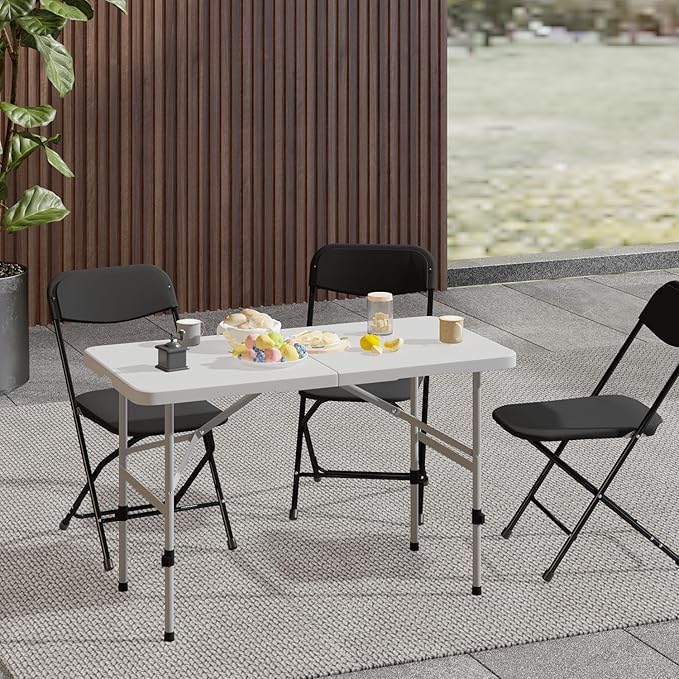 OS MOTOR 4ft Folding Table with Carry Handle, Portable Heavy Duty Plastic Utility Table with Steel Legs for Party, Wedding, Camping, Indoor, Outdoor Event, 48 Inch, White