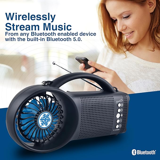 Supersonic SC-1073ERF Solar Power Bluetooth Speaker with FM Radio, LED Torch Light and Fan USB/SD Input, FM Radio, 3 Wind Speed, for Picnic, Barbecue, Camping, Hurricane Emergency