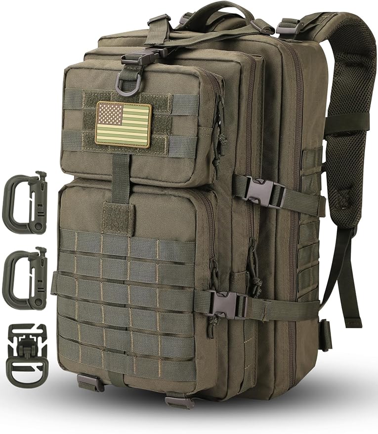 Hannibal Tactical MOLLE Assault Backpack, Tactical Backpack Military Army Camping Rucksack, 3-Day Pack Trip w/USA Flag Patch, D-Rings, Olive