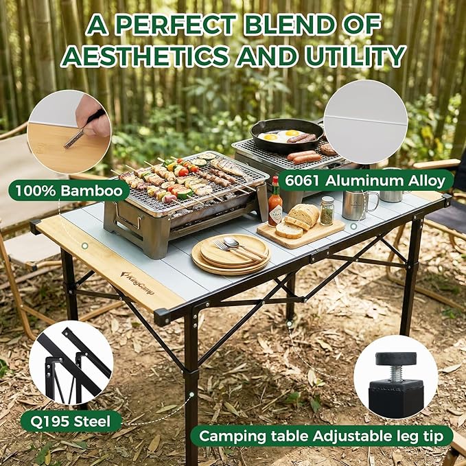 KingCamp Folding Camping Table, Aluminum Roll-Up Camp Table, Large Foldable Table for 4-6 Person, Outdoor Portable Tables with Carry Bag, 176 LBS Heavy Duty Load (Bamboo：40.16“x27.5”，4-6 People)