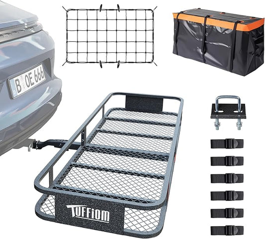 TUFFIOM 60"x20"x6" Folding Hitch Mount Cargo Carrier Basket, 500lbs Steel Car Cargo Trailer Hitch Luggage Rack with Net, Waterproof Cargo Bag, Straps & Stabilizer for SUV Car Truck Van