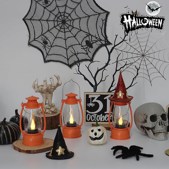 6Pcs Orange Mini Lanterns for Western Cowboy Party & Camping Decor, Small Western Lantern with LED Flickering Candle for Fall Halloween Christmas Wedding Festive Decorations, Centerpiece Table
