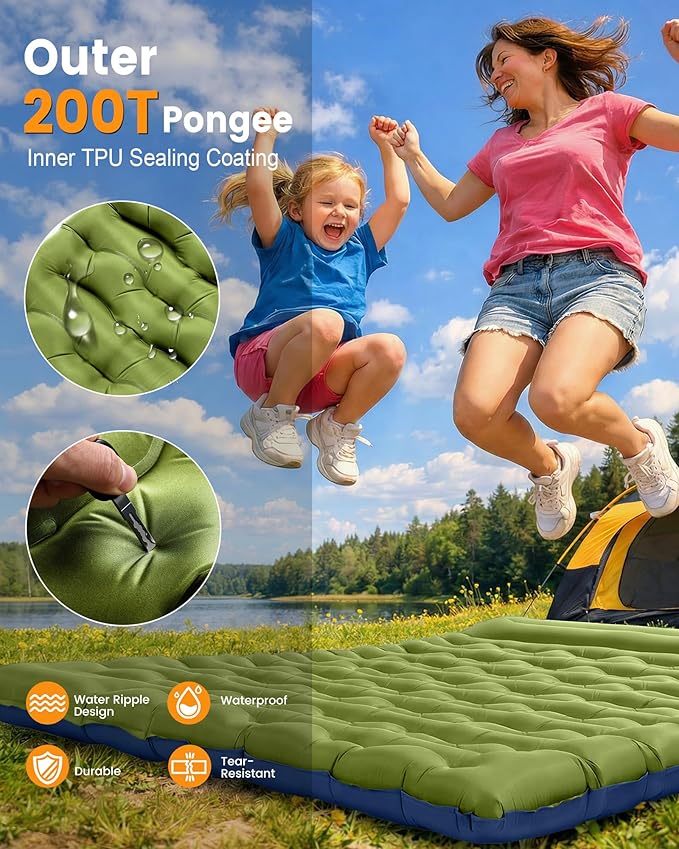 Double Sleeping Pad for Camping, 5.9 Inch Thick Self Inflating Sleeping Mat for Camping with Built in Pillow and Foot Pump, 2 Person Camping Mattress for Backpacking Hiking