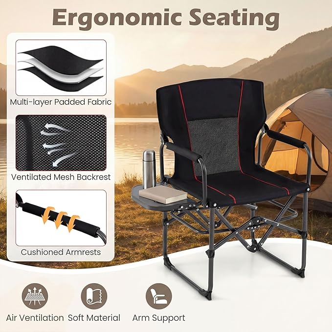 GYMAX Oversized Camping Directors Chair, Portable Folding Camping Chairs for Adults with Table, Heavy-Duty Lawn Chair for Fishing, Picnic, Sports, Beach, Outdoor, Supports 500LBS (Black)