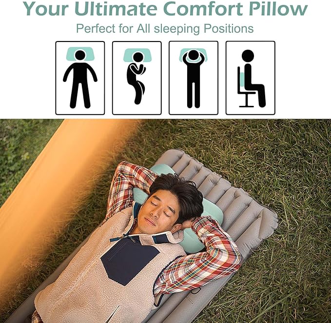 Inflatable Camping Pillow with Built-in Storage Bag & Cooling Ice Pack, Removable Washable Pillowcase, Ergonomic Lightweight Portable Air Pillow for Backpacking Hiking Travel Beach Outdoor