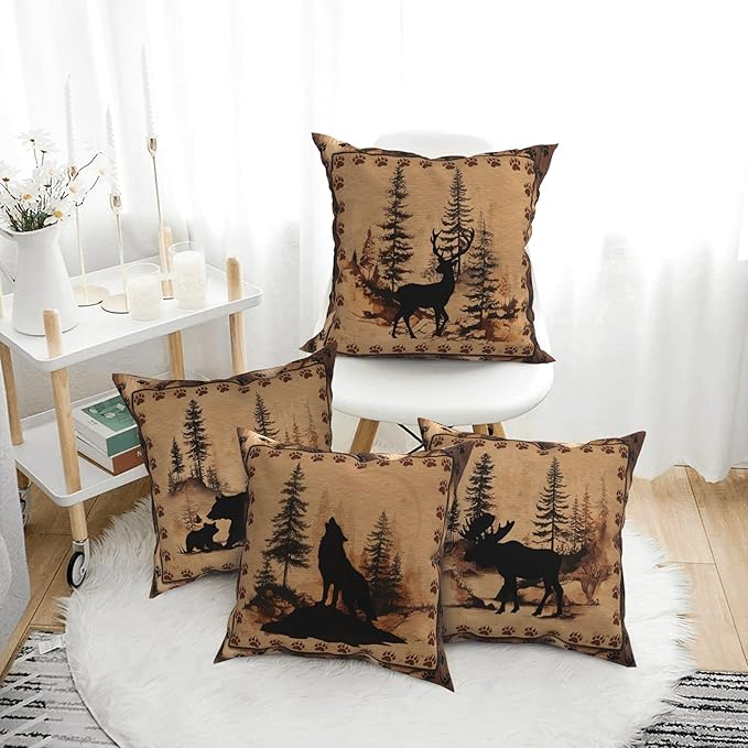 Deer Wolf Throw Pillow Covers 18 X 18 Inch Set of 4 Decorative Cushion Cover Home Decor for Sofa Chair Couch Bedroom Living Room