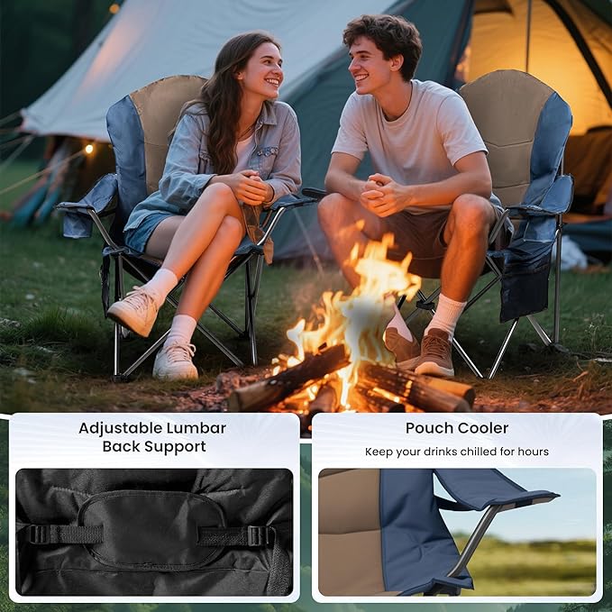 Oversized Camping Chair Heavy Duty- Portable Folding Chair, Cup Holder & Waterproof Phone Case for Adults, Beach, Hiking, Backyard (Blue & Brown, 2 PCS-21)