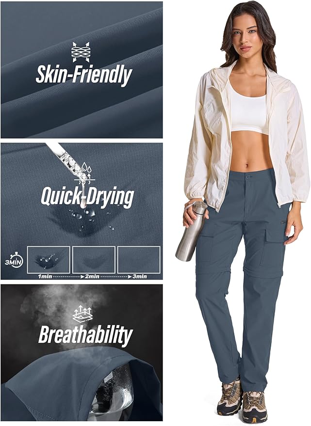 Womens Hiking Pants Convertible Quick Dry Stretch Lightweight Zip Off Outdoor Safari Pants with Cargo Pockets