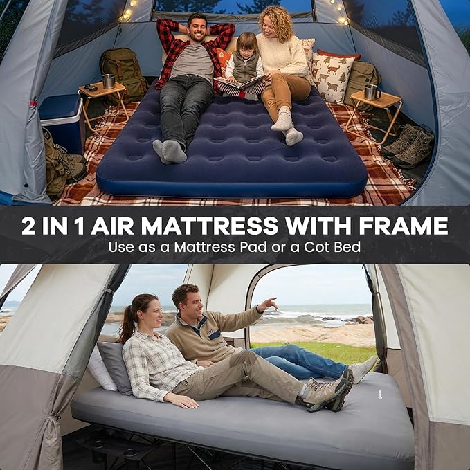 FUNDANGO Queen Camping Cot with Electric Pump, Inflatable Air Mattress Bed with Removable & Washable Cover, Folding Frame, Cup Holders, Carry Bag for Adults, Tent, Guest (80"x60")