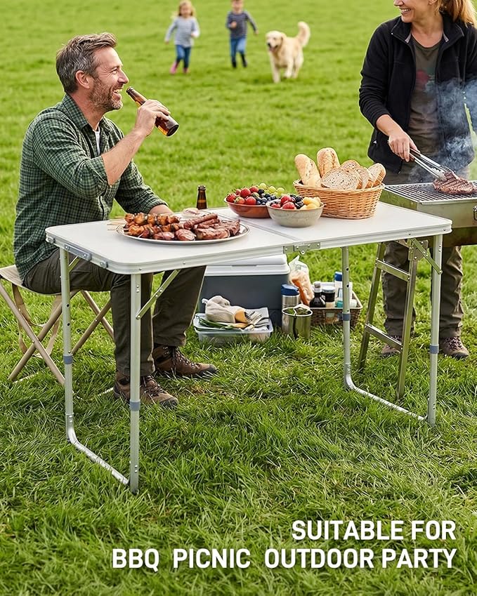 Outvita 4ft Portable Folding Camping Table, Outdoor Waterproof Adjustable Height Table, Aluminum Lightweight Suitcase Foldable Table for Picnic BBQ Beach Dining
