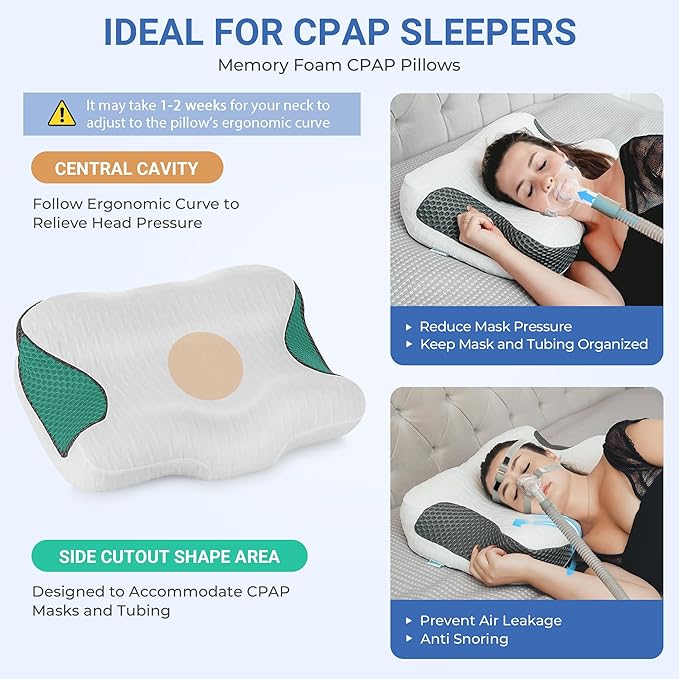 Elviros Cervical Neck CPAP Pillow for Sleeping, Ergonomic Adjustable Height Neck Support Memory Foam Bed Pillow for CPAP Users with Sleep Apnea, Suitable for Side and Back Sleepers