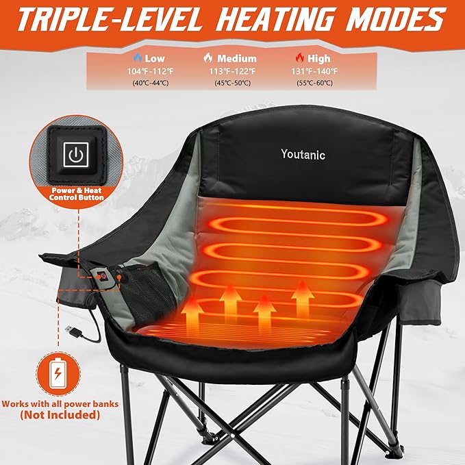 Youtanic Heated Camping Chair, 3 Heat Levels Oversized Padded Lawn Chair with Side Pockets and Cup Holder, Outdoor Heating Folding Camp Chair for Adults, Fishing, Sports, Picnic, up to 500lbs, Style 1