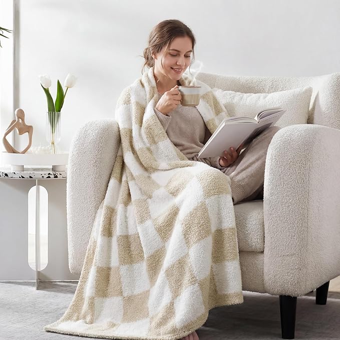 WRENSONGE Checkered Throw Blanket, Beige Soft Cozy Fluffy Warm Hand Made Throw Blankets for Couch, Sofa, Chair, Bed, Camping, Picnic, Travel Lightweight Bed Blanket - 60"*80"