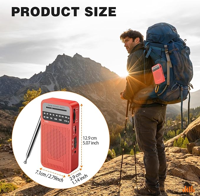 Portable Radio AM FM with Long Range Reception, Goodes Transistor Radio with Loud Speaker, 2AA Battery Operated, Headphone Jack for Indoor, Outdoor and Emergency Use-Red