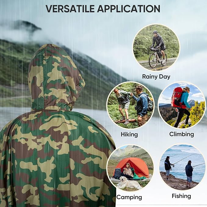 PTEROMY 3-in-1 Hooded Rain Poncho for Adult with Pocket, Waterproof Lightweight Unisex Raincoat for Hiking Camping Emergency