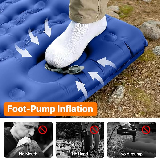 OGERY Sleeping Pad, Ultralight Inflating Sleeping Pad for Camping with Pillow Built-in Foot Pump, 6" Extra-Thick Reinforced Camping Pad for Hiking, Backpacking, Tent, Single,Blue